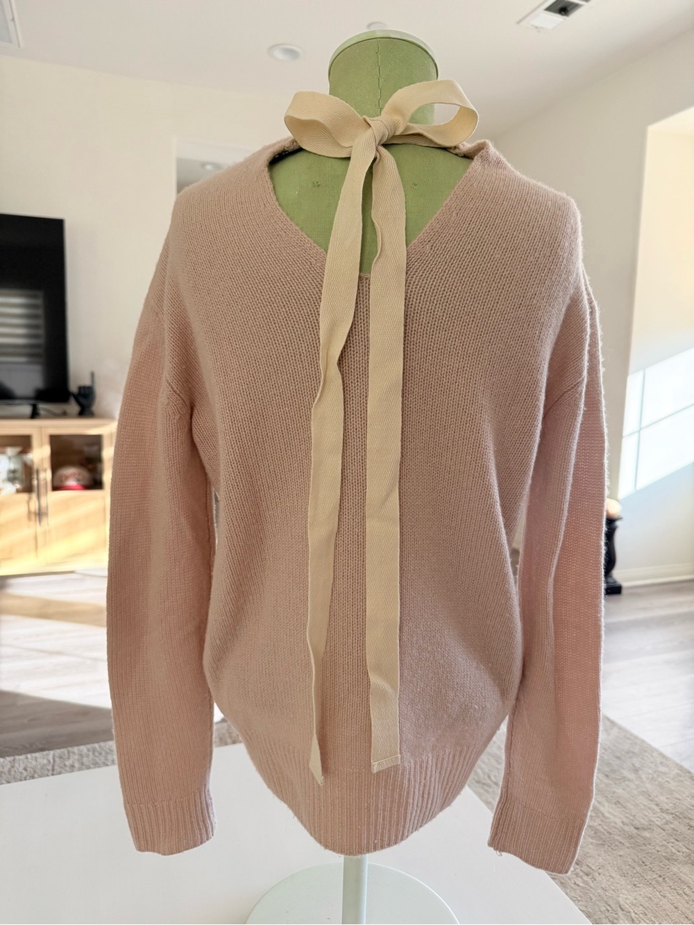 Joseph Ribbon Tie Back Cashmere Pink Sweater Ribbed crew neckline Women's XS